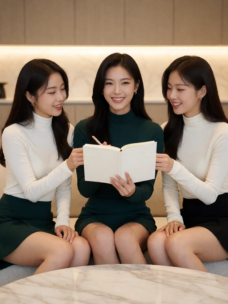 草榴社区回复讨论主题图：三名虚构成年女子穿时装短裙在暖光阅读空间围桌交流