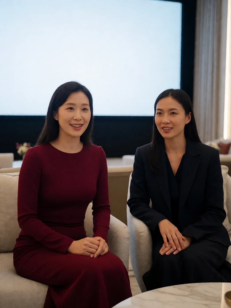 草榴社区影视讨论主题图：两名虚构成年人在无文字小型放映厅讨论影片题材