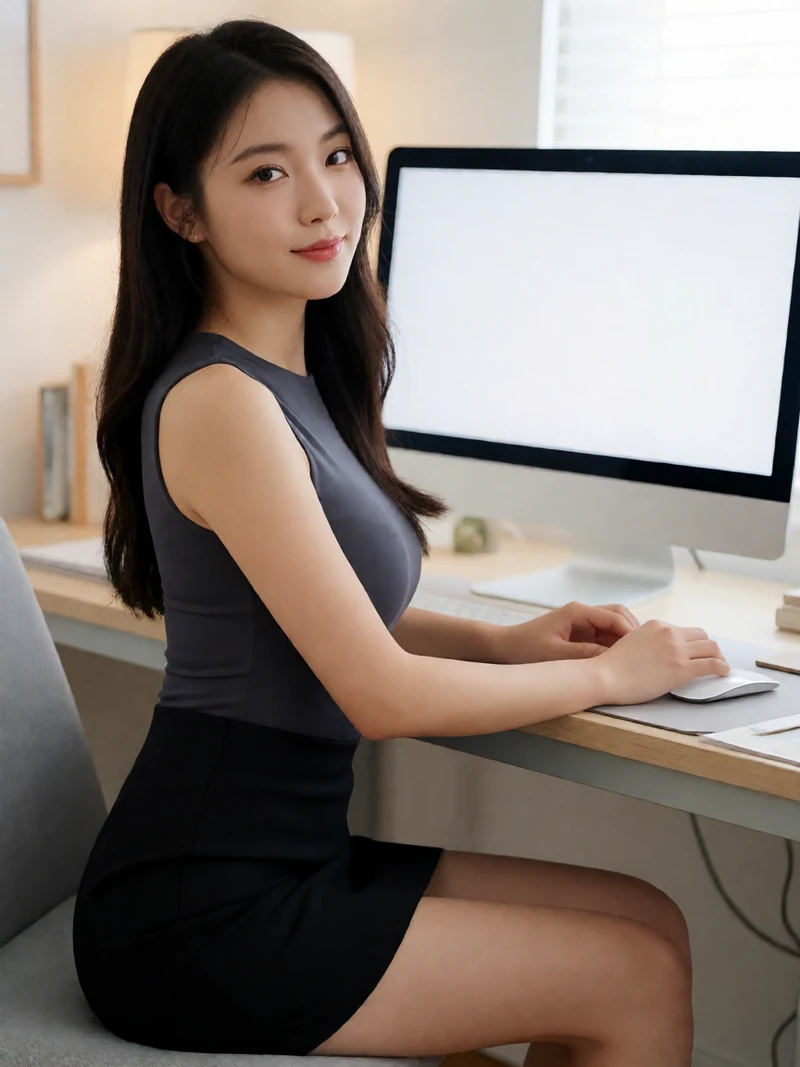 草榴社区技术讨论主题图：虚构成年女子穿深色修身上衣与短裙坐在电脑前看无文字界面